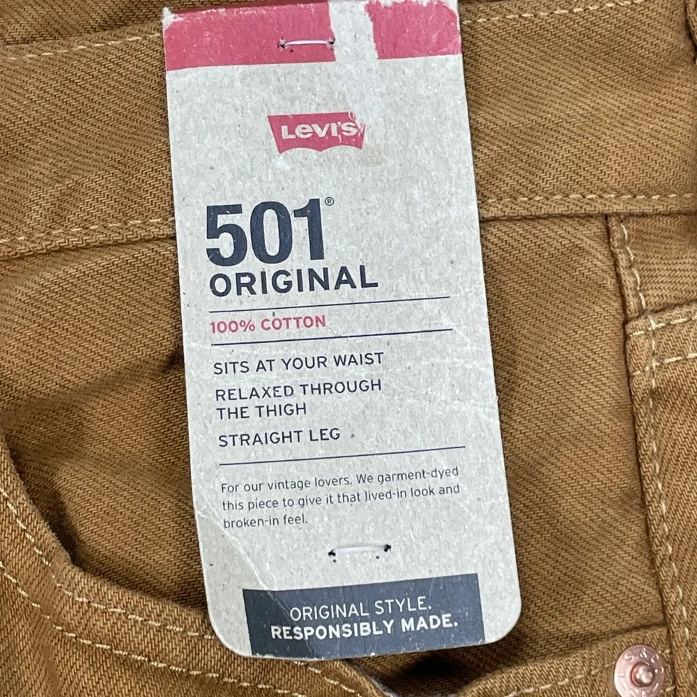 Levis 501 Jeans New Mens Original Button Fly‎ Mustard Brown Stretch 33 X 32 NWT